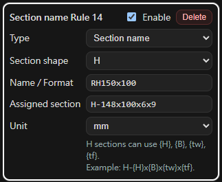 Section-name-to-section mapping rule screenshot